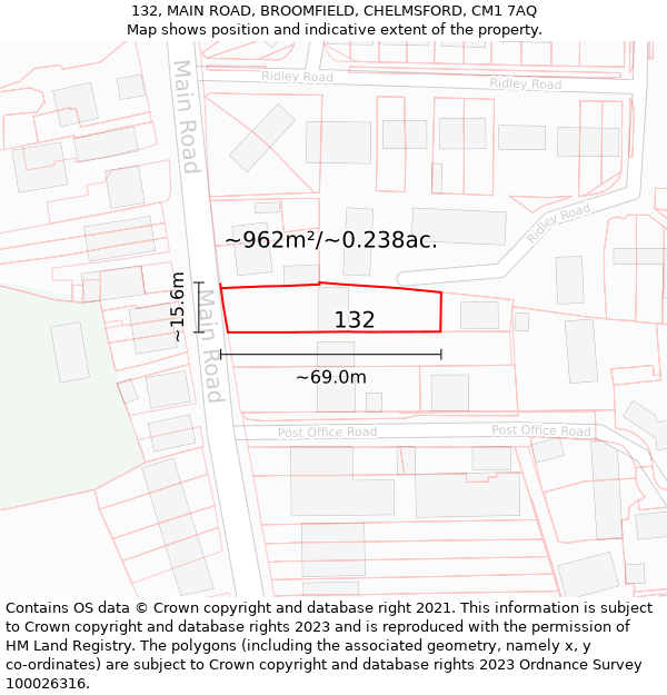 132, MAIN ROAD, BROOMFIELD, CHELMSFORD, CM1 7AQ: Plot and title map