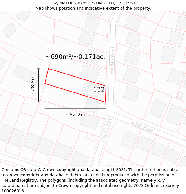 132, MALDEN ROAD, SIDMOUTH, EX10 9ND: Plot and title map