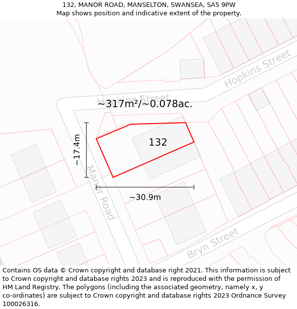 132, MANOR ROAD, MANSELTON, SWANSEA, SA5 9PW: Plot and title map