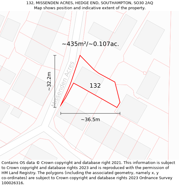 132, MISSENDEN ACRES, HEDGE END, SOUTHAMPTON, SO30 2AQ: Plot and title map