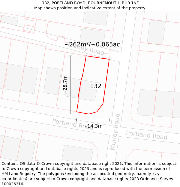 132, PORTLAND ROAD, BOURNEMOUTH, BH9 1NF: Plot and title map