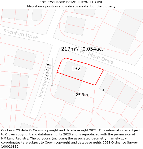 132, ROCHFORD DRIVE, LUTON, LU2 8SU: Plot and title map