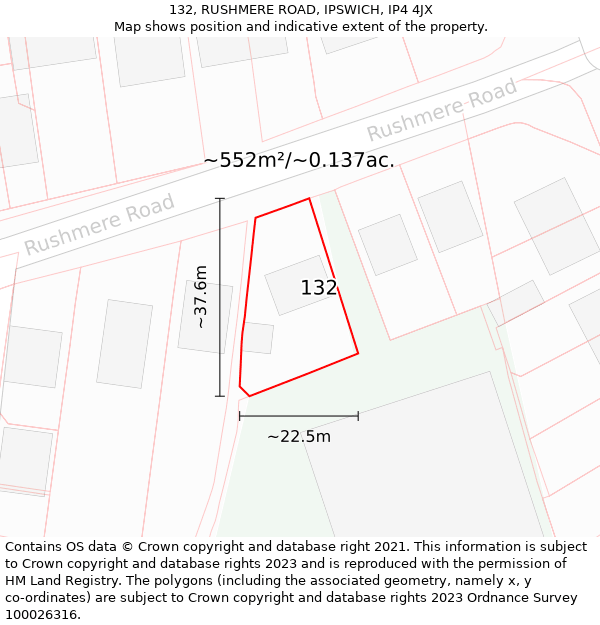 132, RUSHMERE ROAD, IPSWICH, IP4 4JX: Plot and title map
