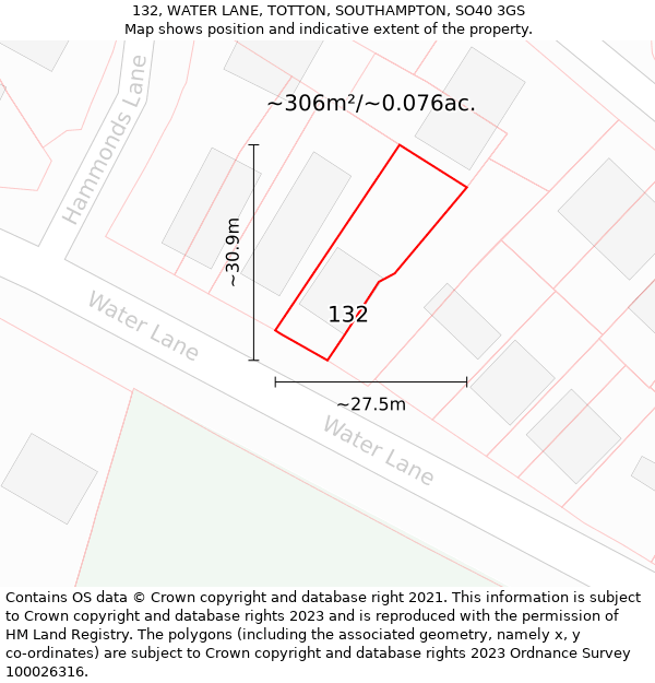 132, WATER LANE, TOTTON, SOUTHAMPTON, SO40 3GS: Plot and title map