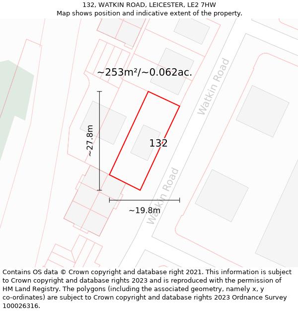 132, WATKIN ROAD, LEICESTER, LE2 7HW: Plot and title map