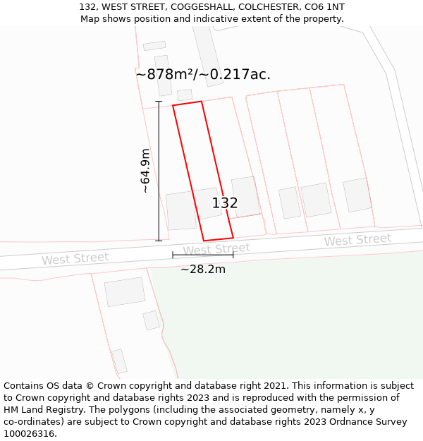 132, WEST STREET, COGGESHALL, COLCHESTER, CO6 1NT: Plot and title map