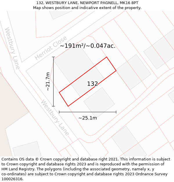 132, WESTBURY LANE, NEWPORT PAGNELL, MK16 8PT: Plot and title map