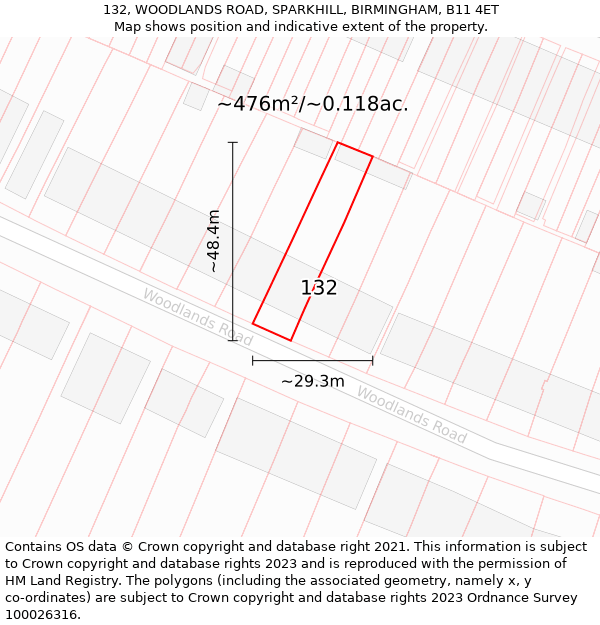 132, WOODLANDS ROAD, SPARKHILL, BIRMINGHAM, B11 4ET: Plot and title map