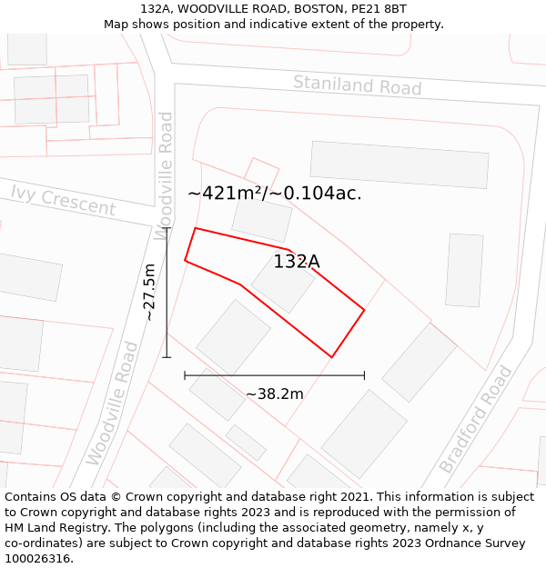 132A, WOODVILLE ROAD, BOSTON, PE21 8BT: Plot and title map