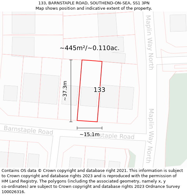 133, BARNSTAPLE ROAD, SOUTHEND-ON-SEA, SS1 3PN: Plot and title map