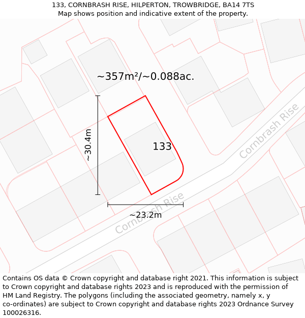 133, CORNBRASH RISE, HILPERTON, TROWBRIDGE, BA14 7TS: Plot and title map