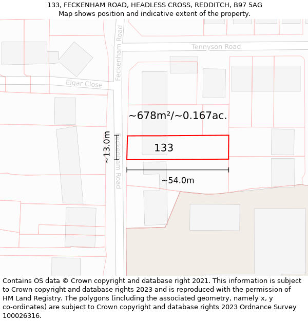 133, FECKENHAM ROAD, HEADLESS CROSS, REDDITCH, B97 5AG: Plot and title map