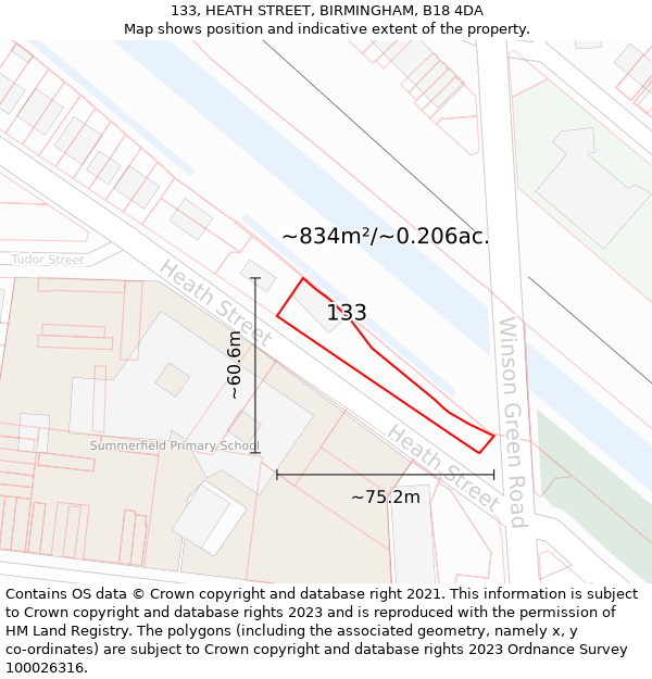 133, HEATH STREET, BIRMINGHAM, B18 4DA: Plot and title map