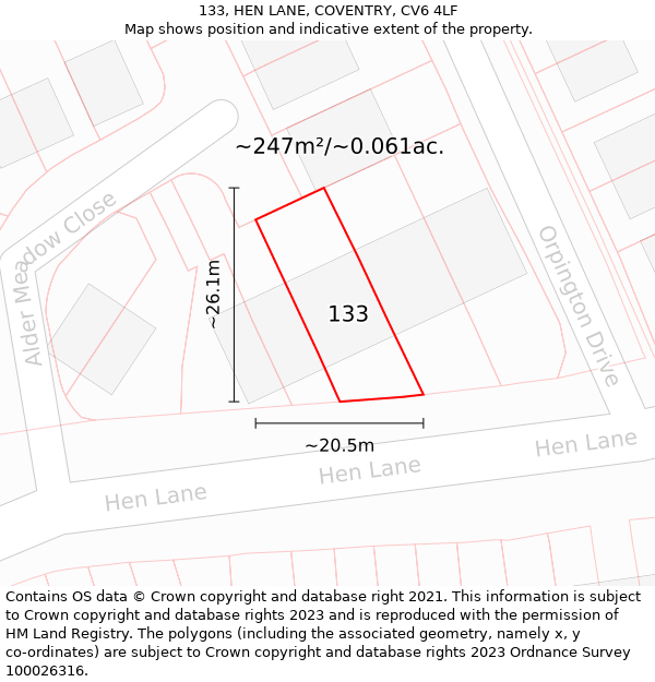 133, HEN LANE, COVENTRY, CV6 4LF: Plot and title map