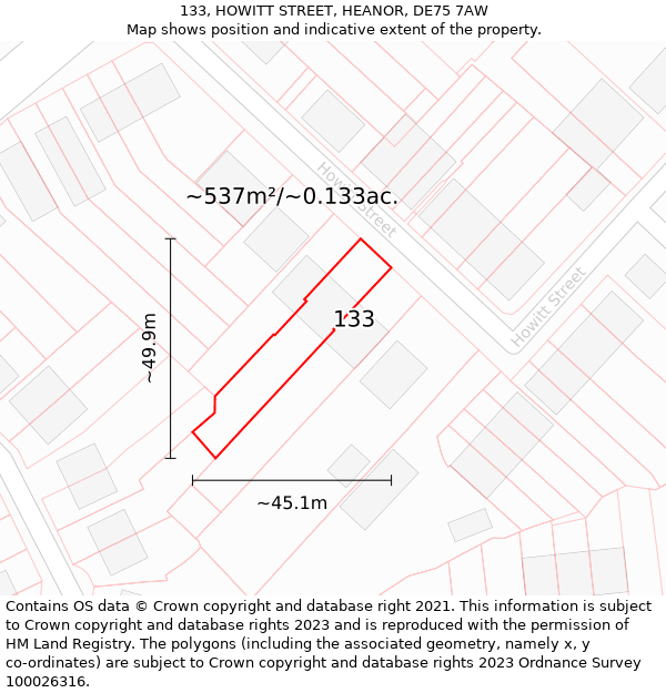 133, HOWITT STREET, HEANOR, DE75 7AW: Plot and title map