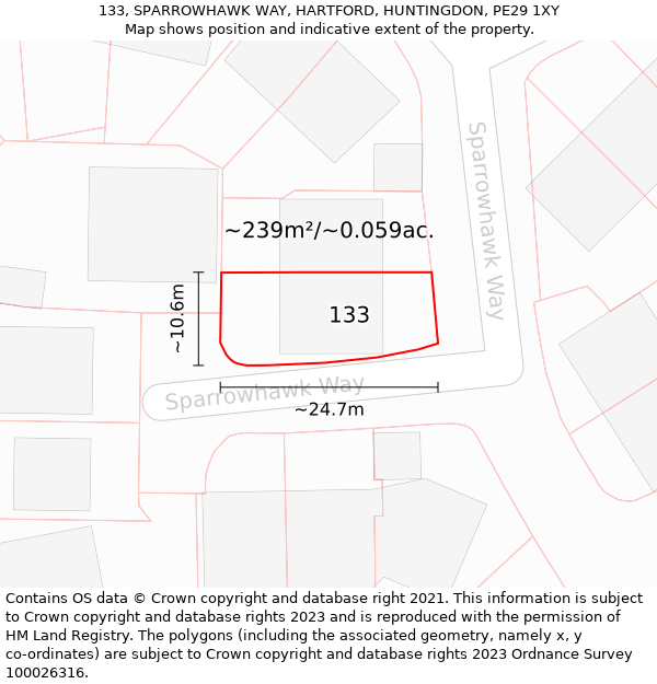 133, SPARROWHAWK WAY, HARTFORD, HUNTINGDON, PE29 1XY: Plot and title map