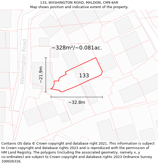 133, WASHINGTON ROAD, MALDON, CM9 6AR: Plot and title map