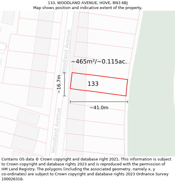 133, WOODLAND AVENUE, HOVE, BN3 6BJ: Plot and title map