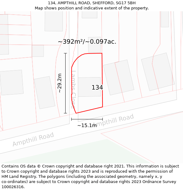 134, AMPTHILL ROAD, SHEFFORD, SG17 5BH: Plot and title map