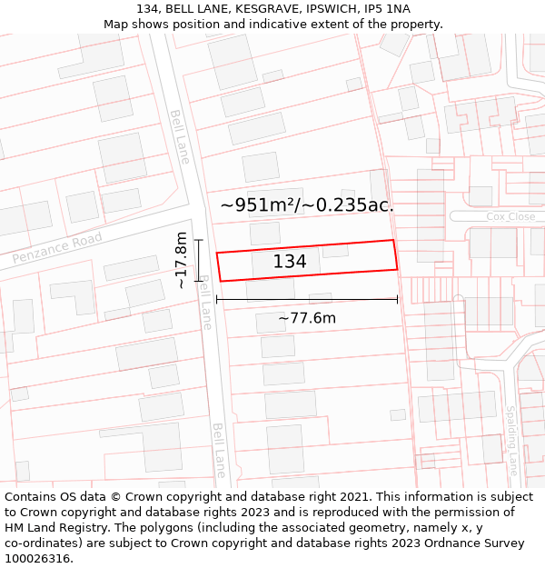 134, BELL LANE, KESGRAVE, IPSWICH, IP5 1NA: Plot and title map