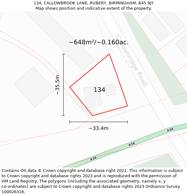 134, CALLOWBROOK LANE, RUBERY, BIRMINGHAM, B45 9JY: Plot and title map