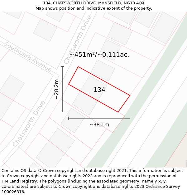 134, CHATSWORTH DRIVE, MANSFIELD, NG18 4QX: Plot and title map