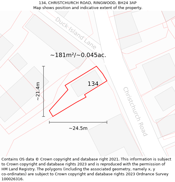 134, CHRISTCHURCH ROAD, RINGWOOD, BH24 3AP: Plot and title map