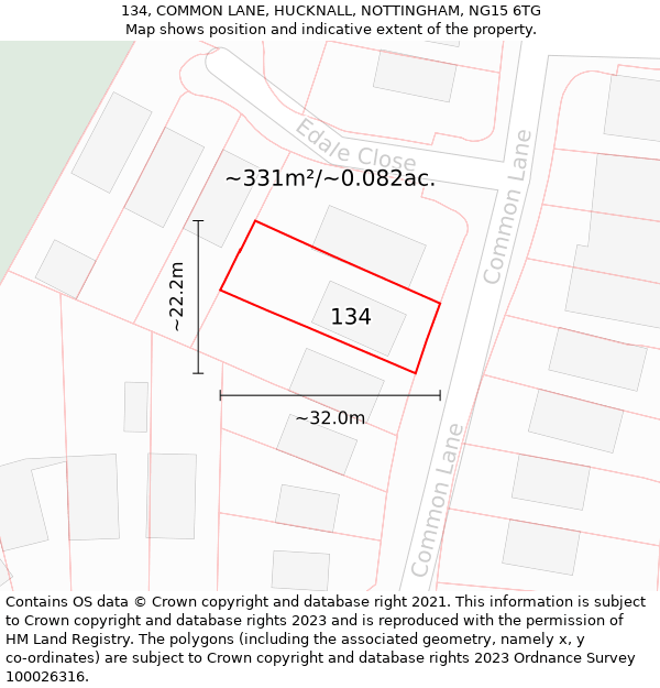 134, COMMON LANE, HUCKNALL, NOTTINGHAM, NG15 6TG: Plot and title map