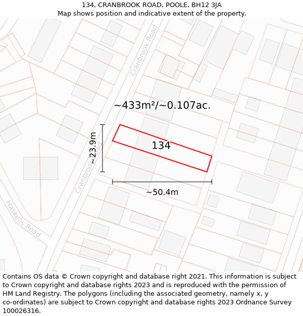 134, CRANBROOK ROAD, POOLE, BH12 3JA: Plot and title map