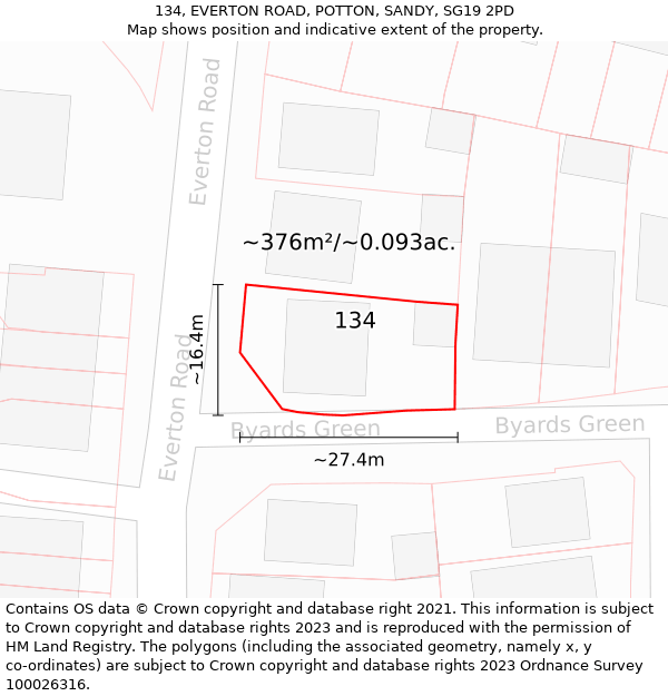 134, EVERTON ROAD, POTTON, SANDY, SG19 2PD: Plot and title map