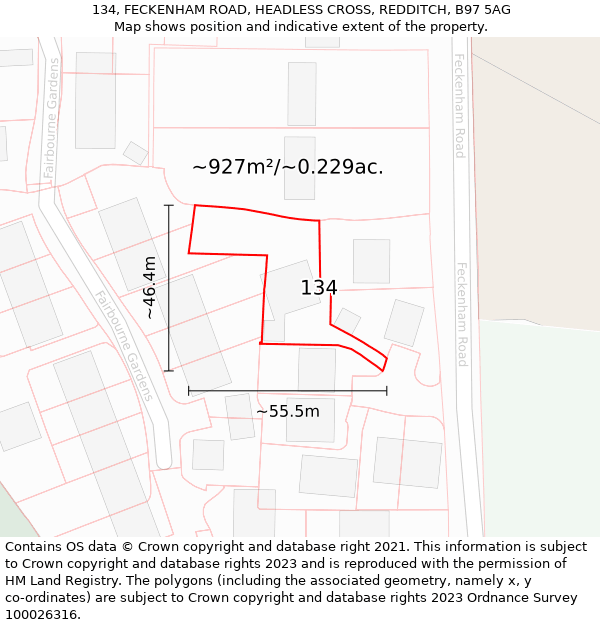 134, FECKENHAM ROAD, HEADLESS CROSS, REDDITCH, B97 5AG: Plot and title map