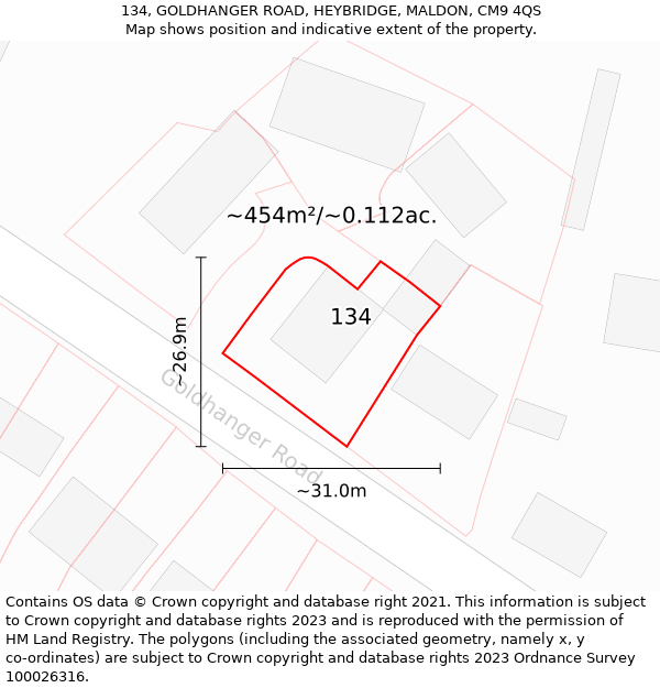 134, GOLDHANGER ROAD, HEYBRIDGE, MALDON, CM9 4QS: Plot and title map