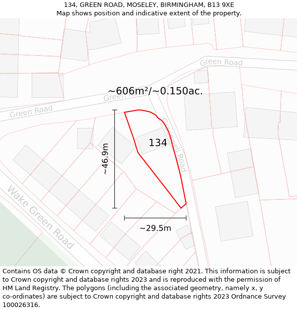 134, GREEN ROAD, MOSELEY, BIRMINGHAM, B13 9XE: Plot and title map