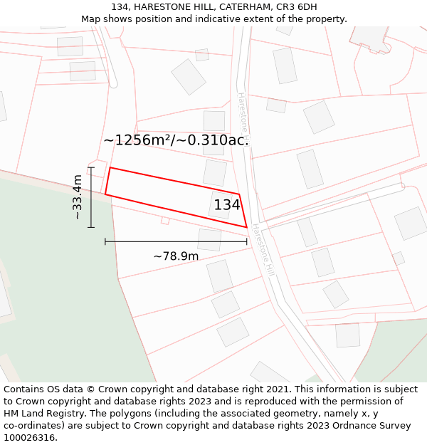 134, HARESTONE HILL, CATERHAM, CR3 6DH: Plot and title map