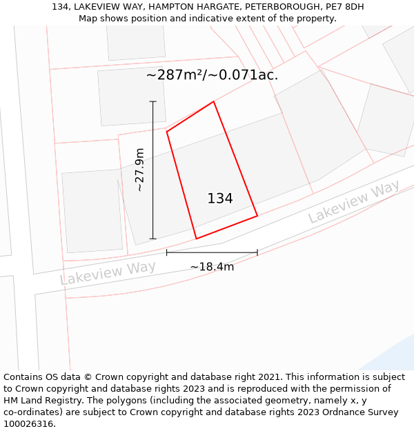 134, LAKEVIEW WAY, HAMPTON HARGATE, PETERBOROUGH, PE7 8DH: Plot and title map