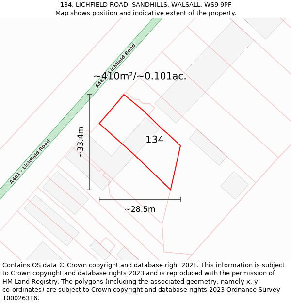 134, LICHFIELD ROAD, SANDHILLS, WALSALL, WS9 9PF: Plot and title map