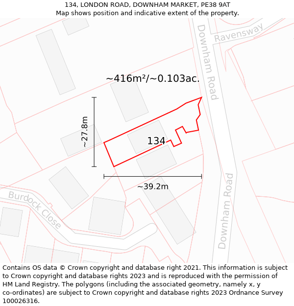 134, LONDON ROAD, DOWNHAM MARKET, PE38 9AT: Plot and title map