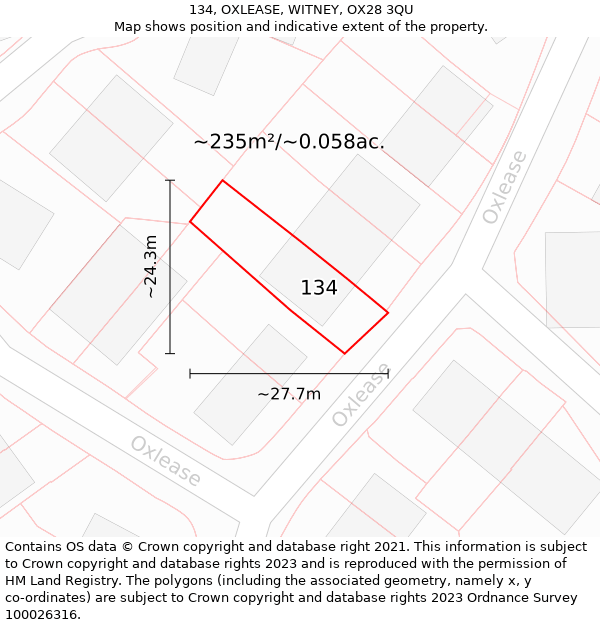 134, OXLEASE, WITNEY, OX28 3QU: Plot and title map