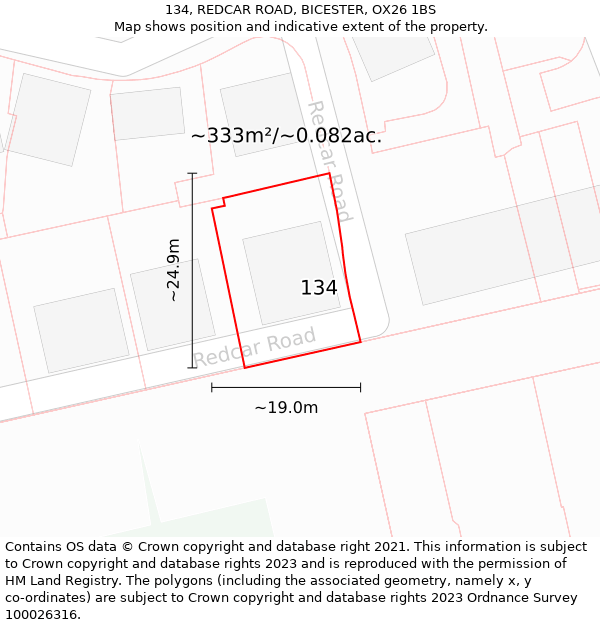 134, REDCAR ROAD, BICESTER, OX26 1BS: Plot and title map