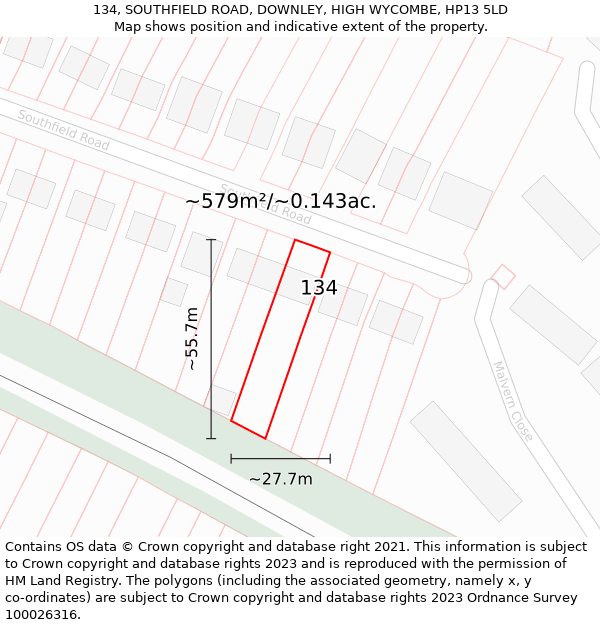 134, SOUTHFIELD ROAD, DOWNLEY, HIGH WYCOMBE, HP13 5LD: Plot and title map