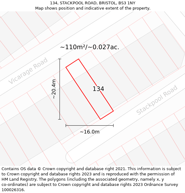 134, STACKPOOL ROAD, BRISTOL, BS3 1NY: Plot and title map