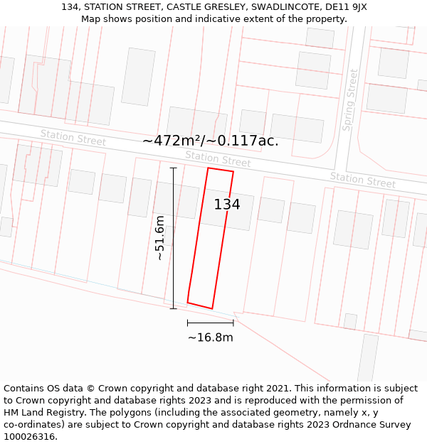 134, STATION STREET, CASTLE GRESLEY, SWADLINCOTE, DE11 9JX: Plot and title map