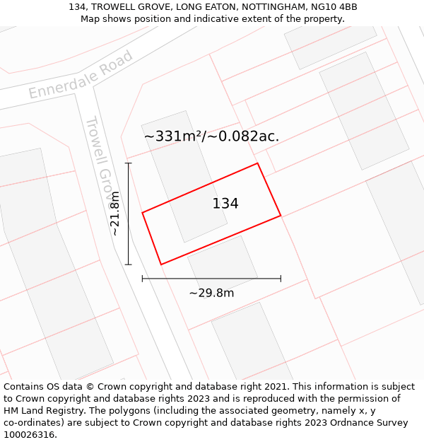 134, TROWELL GROVE, LONG EATON, NOTTINGHAM, NG10 4BB: Plot and title map