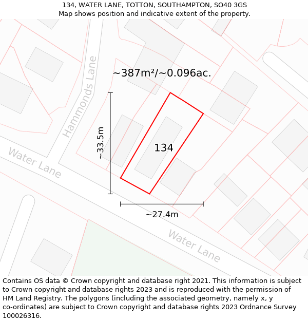 134, WATER LANE, TOTTON, SOUTHAMPTON, SO40 3GS: Plot and title map