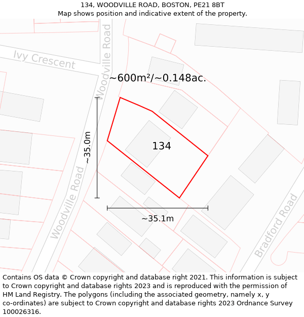 134, WOODVILLE ROAD, BOSTON, PE21 8BT: Plot and title map