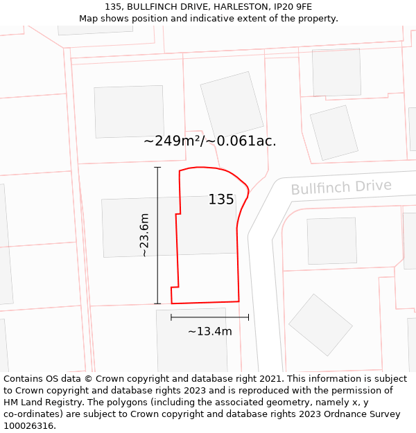 135, BULLFINCH DRIVE, HARLESTON, IP20 9FE: Plot and title map