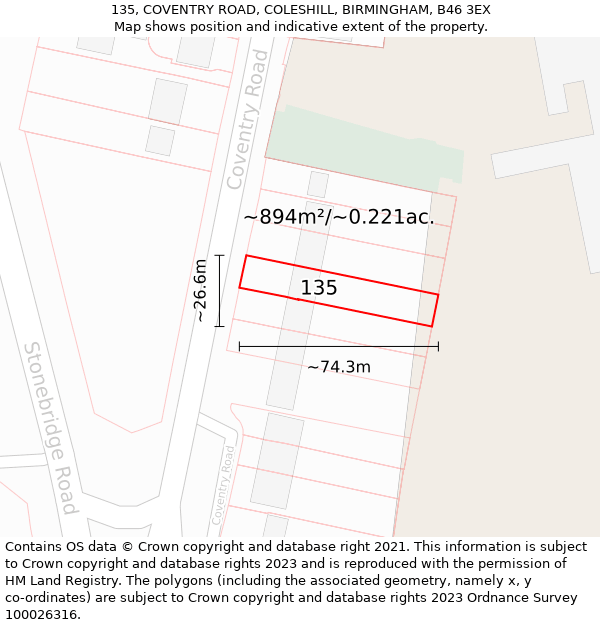 135, COVENTRY ROAD, COLESHILL, BIRMINGHAM, B46 3EX: Plot and title map