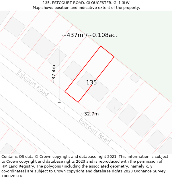 135, ESTCOURT ROAD, GLOUCESTER, GL1 3LW: Plot and title map