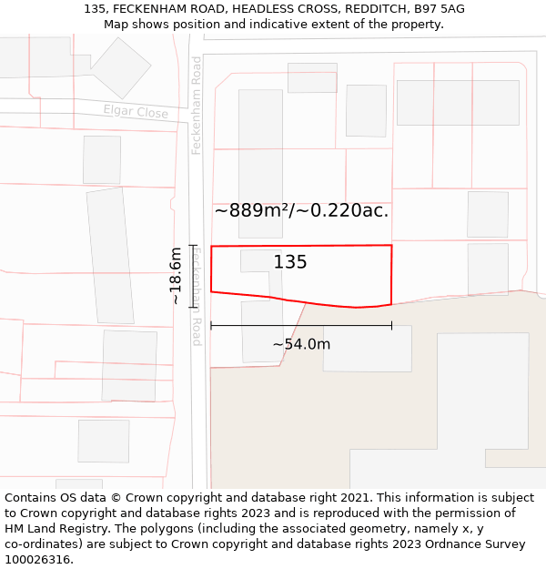 135, FECKENHAM ROAD, HEADLESS CROSS, REDDITCH, B97 5AG: Plot and title map