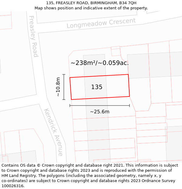 135, FREASLEY ROAD, BIRMINGHAM, B34 7QH: Plot and title map